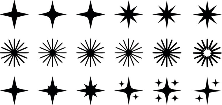 Collection of hand drawn sparkling starbursts and glitter effects on a white background