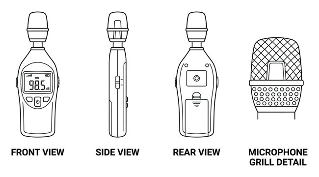 Sound level meter front side rear views and microphone grill detail illustration for noise measurement.