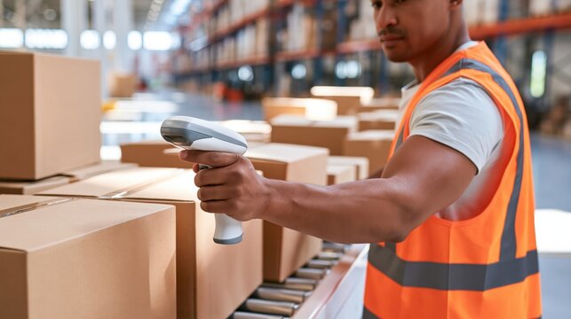 Warehouse worker scanning cardboard boxes with handheld barcode scanner