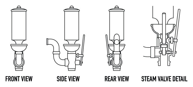 Steam whistle front side rear and detail views for industrial equipment and locomotive signaling.