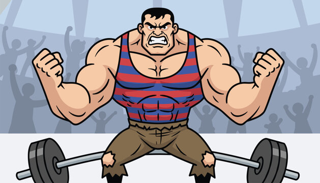 Muscular strongman in a striped tank top clenched his fists in anger while standing in front of an empty barbell.