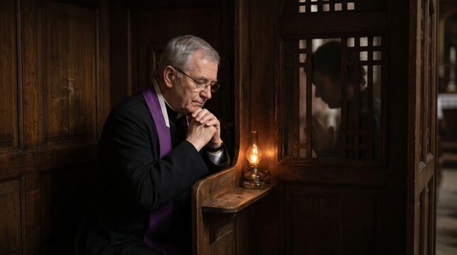 Elderly catholic priest praying in dark wooden confessional booth with oil lamp. Mature man priest hearing confession of woman in church. Sacrament of penance, faith, forgiveness and religion concept.