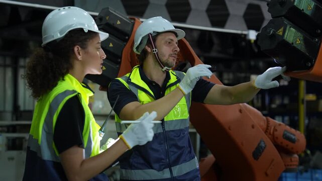 Industrial engineer inspecting a robotic arm machine in an automated manufacturing factory, robotics, automation, smart manufacturing, machine maintenance, quality control and Industry technology.