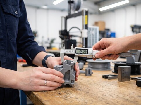 Close-up of engineers measuring a 3D printed mechanical prototype with a digital caliper in a modern workshop for precision engineering and quality control inspection.