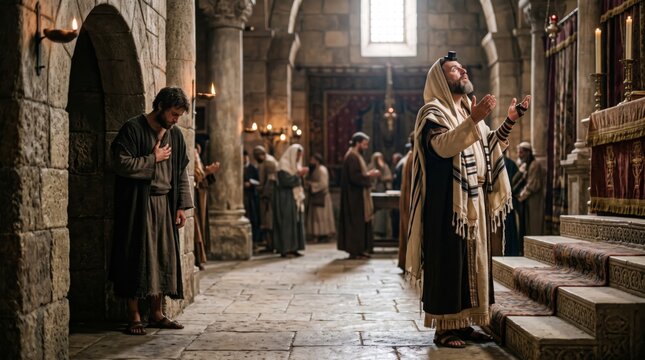 Men praying in ancient temple. Phylactery on forehead of jewish man praying with raised hands in synagogue. Humble beggar with head