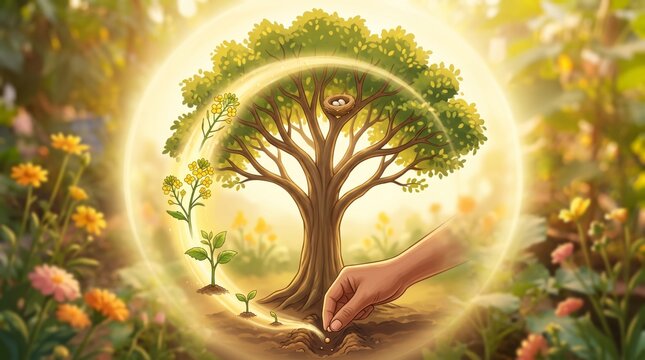 Hand of God planting seed growing into tree with bird nest. Parable of sower and mustard seed. Christian faith, creation and divine care. Biblical illustration for church and religion