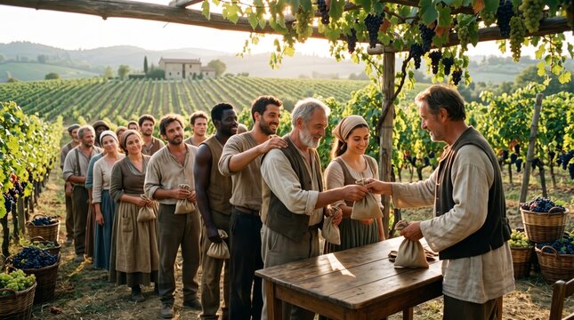 Man paying wages to vineyard workers in biblical parable scene. Landowner giving money bags to laborers at grape harvest in