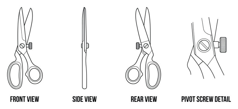 Tailor scissors shown from front side and rear views with pivot screw detail.