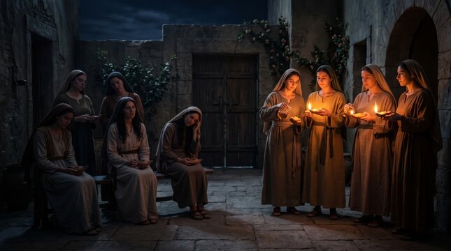 Parable of ten virgins with oil lamps. Women waiting with candles at night in ancient courtyard. Biblical story of wise and foolish maidens. Faith and vigilance religious concept for church