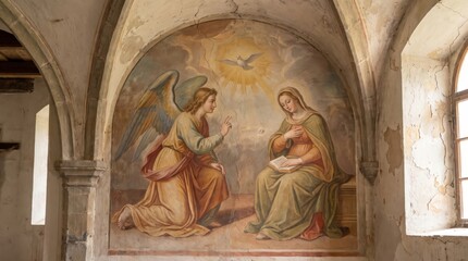 Fototapeta premium Annunciation fresco painting in old church showing angel Gabriel kneeling before virgin Mary with holy dove. Catholic religious art and biblical