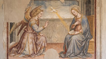 Fototapeta premium Annunciation fresco with angel Gabriel kneeling before virgin Mary reading book and white dove of holy spirit. Renaissance religious art