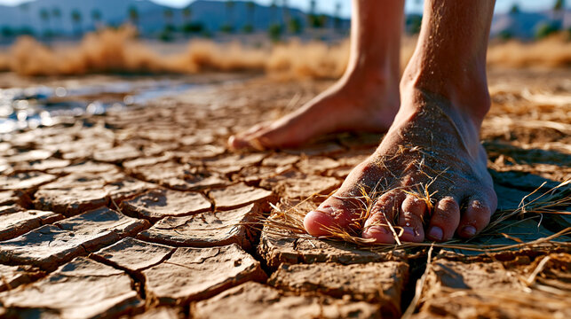 Barefoot person walking on cracked dry earth in a desert landscape