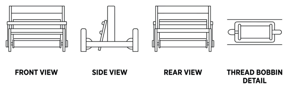 Thread bobbin front side rear and detail views for sewing machine and textile applications.
