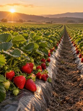 Erdbeerfeld im goldenen Licht des Sonnenuntergangs &ndash; Lange Reihen voller reifer roter Erdbeeren f&uuml;hren durch die Plantage zu Bergen am Horizont und zeigen modernen Obstanbau.