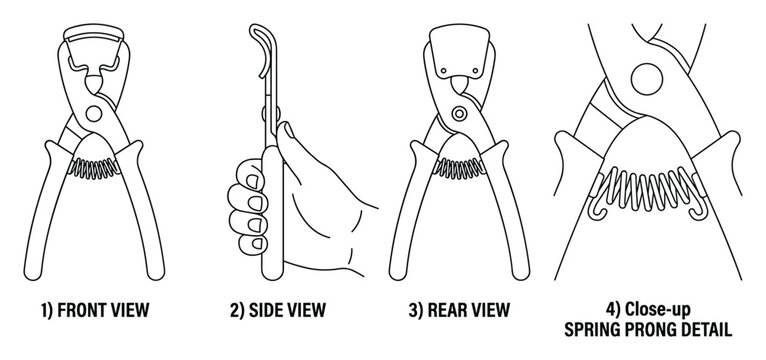 Tool for removing hose clamps with spring mechanism shown in multiple views.