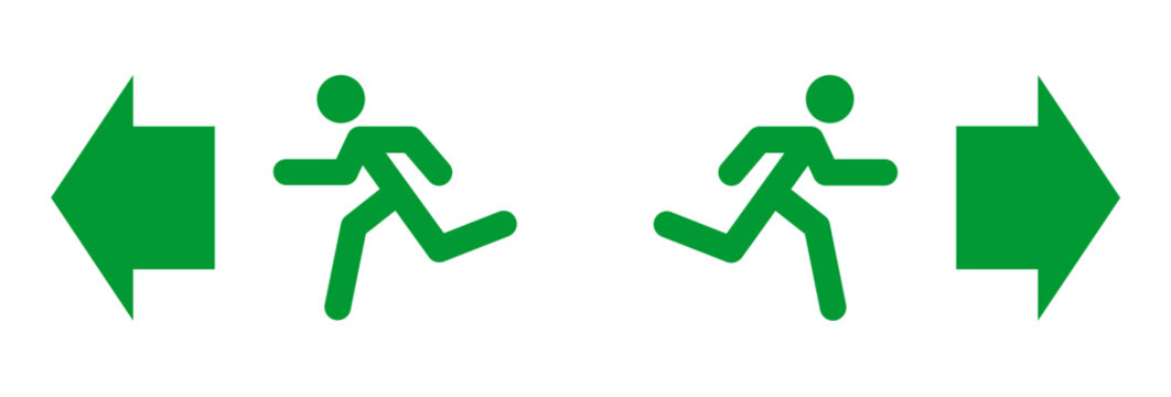 Set of green emergency exit direction sign vector illustration isolated on white background