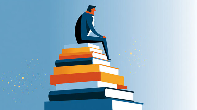 A man sits atop a colorful stack of books, symbolizing knowledge and aspiration. The vibrant colors and serene background create a motivational atmosphere for readers and learners.
