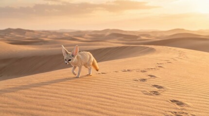 Fototapeta premium Lone Fennec Fox Navigating Desert Dunes: A solitary fennec fox with oversized ears treads across rippled sand dunes under a soft, hazy desert sky at sunrise or sunset.
