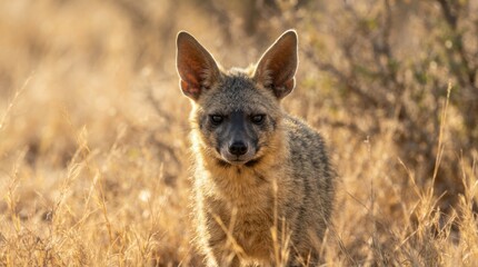 Fototapeta premium Cape Fox in Golden Hour: A young Cape fox with striking large ears and curious gaze stands alert in a dry, grassy field bathed in the warm, soft light of the golden hour.