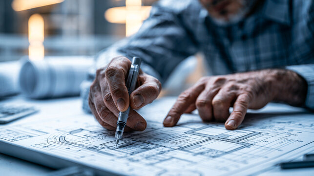 A professional architect intently working on detailed blueprints, showcasing creativity and precision in design, representing innovation and planning in modern architecture.