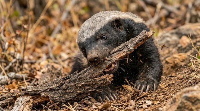 Honey Badger Gnaws on Wood: A young honey badger, also known as a ratel, is focused on gnawing a piece of wood in its natural habitat, surrounded by dry leaves and twigs.