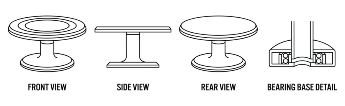 Turntable bearing base detail showing front side and rear views for cake display stand.