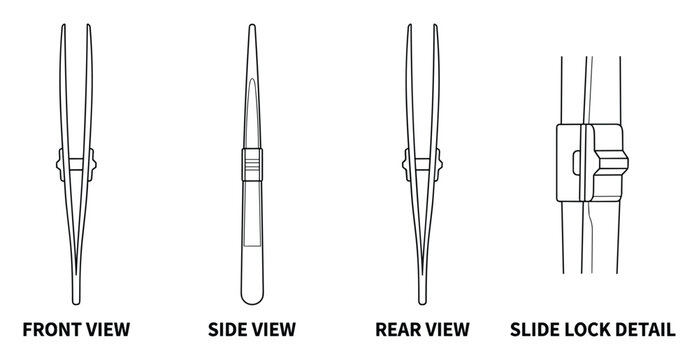 Tweezers front side rear and slide lock detail line art.