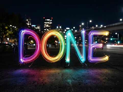 Neon sign reading done with colorful lights.
