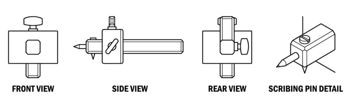 Wheeled scribe front side rear view and pin detail schematic drawing illustration.