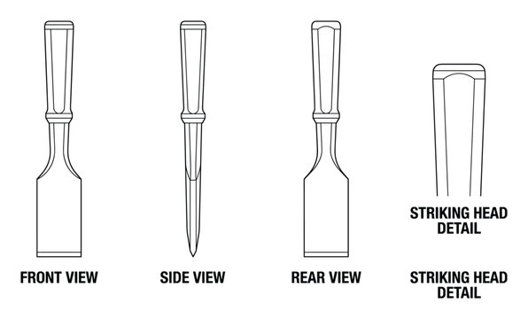 Woodworking chisel front side rear view and striking head detail schematic drawing.