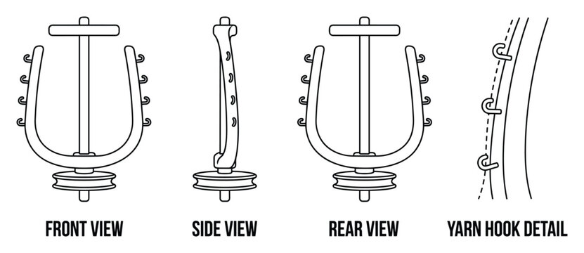 Yarn holder front side rear views and hook detail for knitting crochet and textile crafts.