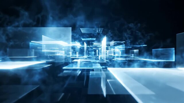 Glowing Digital Cubes Transition with Dynamic Camera Movement. Abstract Geometric Shapes in a Futuristic Blue Environment.