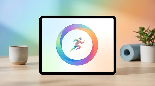 Digital tablet displaying a colorful fitness tracking app logo