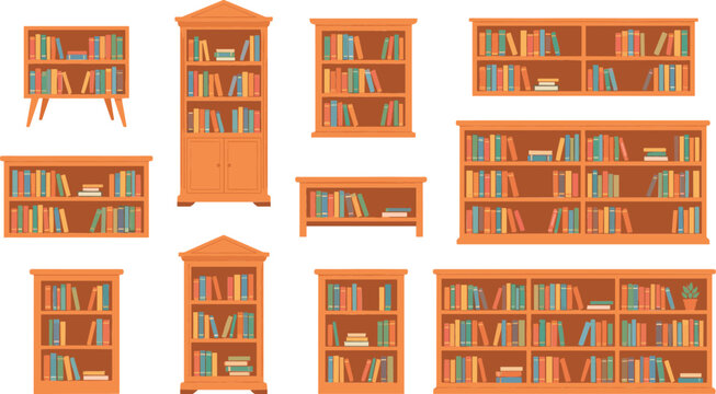 Wooden Bookshelf and Library Bookcase Icon Set with Colorful Books for Home Office Furniture Study Room and Bookstore Interior Graphic Layout Designs