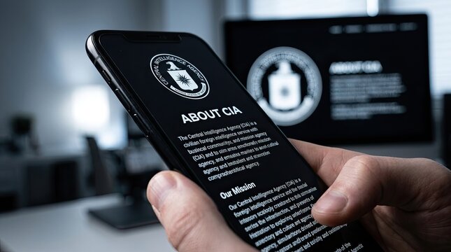 Smartphone showing intelligence agency webpage with emblem and mission text on screen with smartphone displaying official agency logo descriptive hand holds smartphone information technology grip