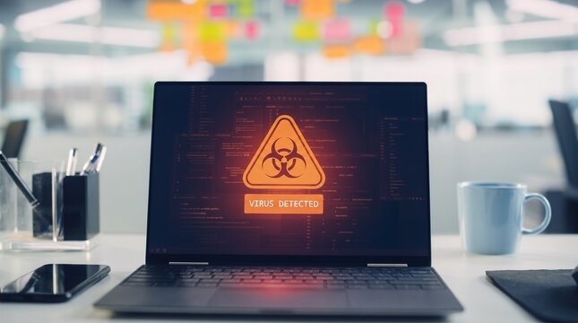Laptop Displaying Virus Detected Alert With Biohazard Symbol in Office Photo - virus detected, malware alert, computer virus, cybersecurity threat, biohazard symbol, laptop screen, cyber attack