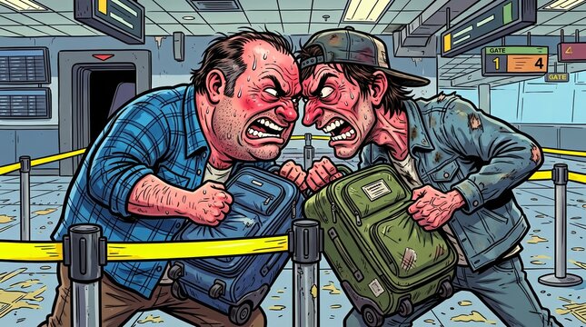 Aggressive Passengers Having Intense Fistfight Confrontation at Airport Boarding Gate
