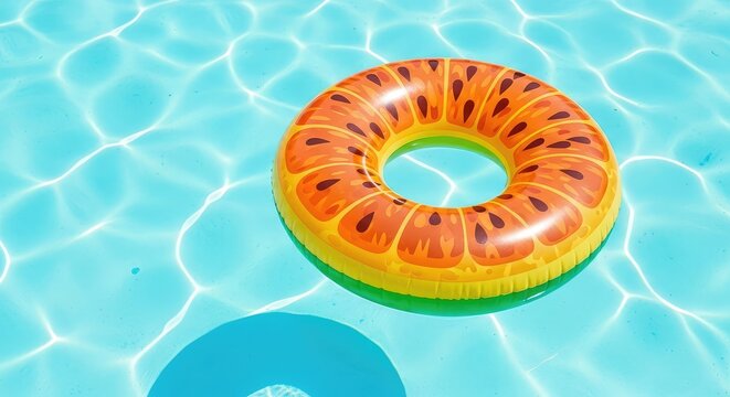 A top view of a vibrant inflatable ring floater drifting on the crystal clear blue water of a peaceful swimming pool under the bright sun, pattern, rubber, sun