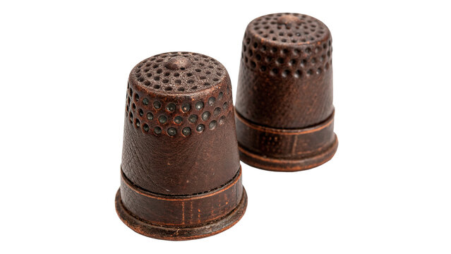 Two vintage metallic sewing thimbles tailor accessory isolated on transparent background