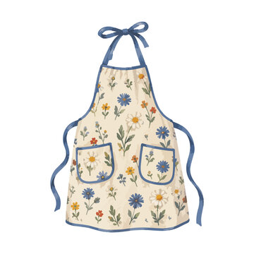 Vintage Floral Kitchen Apron with Blue Details Hand Drawn Illustration
