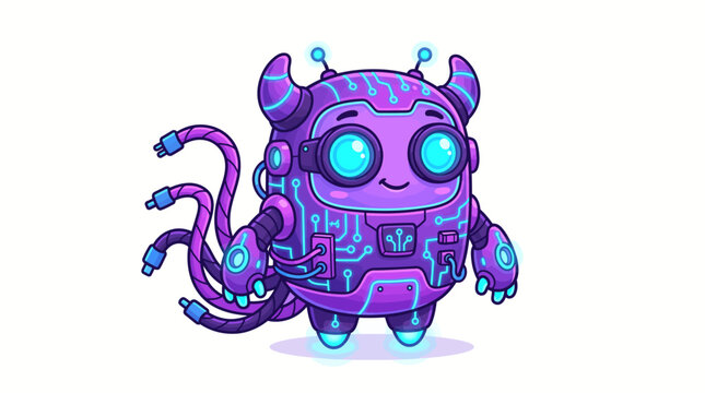 Friendly Purple Cyborg Robot Monster Illustration with Cybernetic Tentacles