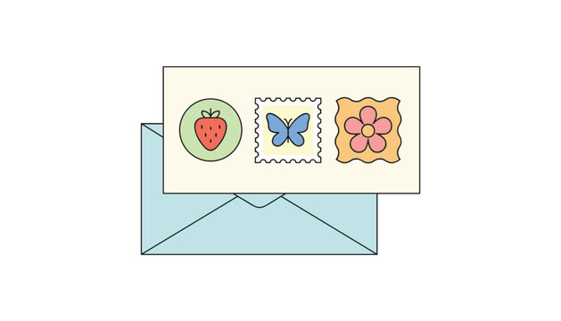 Envelope contains a personalized greeting card decorated with colorful stamps featuring a strawberry, a blue butterfly, and a pink flower.