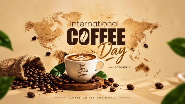 International coffee day poster with world map background and ceramic cup filled with latte.