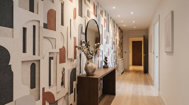 Modern hallway interior featuring an abstract geometric patterned wallpaper and a wooden console table with a mirror with intricate geometric mural covering side wall