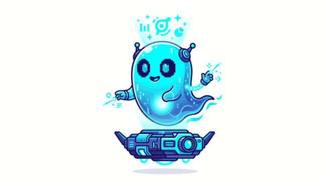 Futuristic blue cyber ghost mascot hovering on sci-fi device vector