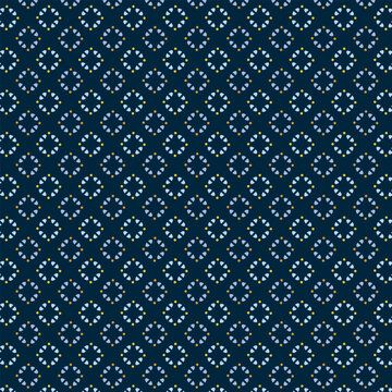 Seamless dark blue geometric pattern background with white abstract diamond tile shapes ornament for traditional ethnic fabric textile fashion digital wallpaper print vector illustration