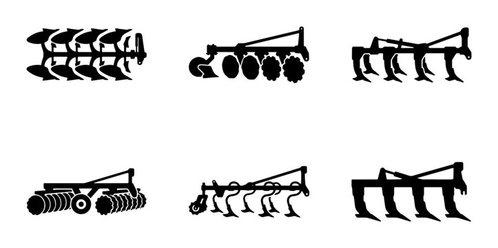 Farm Tillage Equipment Icons, Agricultural Plows and Cultivators, Vector Set