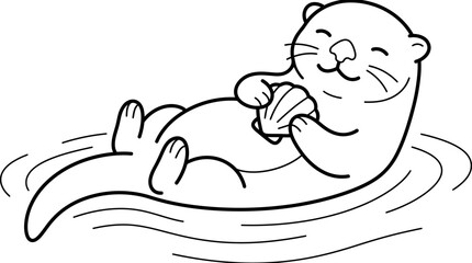 Obraz premium Sleek Black and White Line Drawing of a Relaxing Otter Floating on Wavy Water with high quality professional line art symbols for modern creative design and digital branding projects