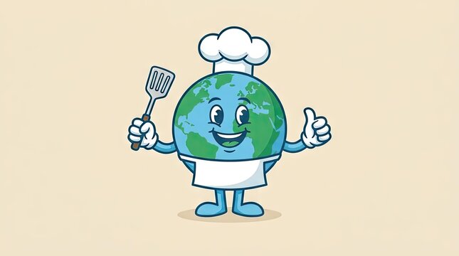 Cartoon earth planet chef mascot holding spatula.