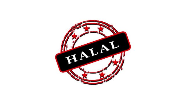 Halal stamp animation on white background, Grunge rubber halal stamp animated, halal stamp zoom out